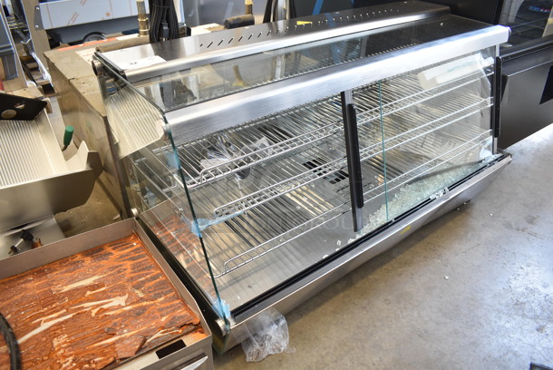 BRAND NEW SCRATCH AND DENT! ServIt 423HDM48SA Stainless Steel Commercial 48" Self / Full Service 3 Shelf Countertop Heated Display Case with Sliding Doors. See Pictures For Broken Glass. 120 Volts, 1 Phase. Tested and Working! - Image 1 of 7