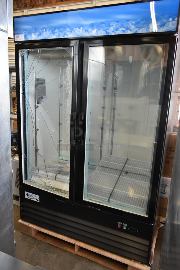 BRAND NEW SCRATCH AND DENT! 2023 Avantco 178GDC49FHCB Metal Commercial Two Door Reach In Freezer Merchandiser. See Pictures For Broken Glass Door. 115 Volts, 1 Phase. Tested and Working!