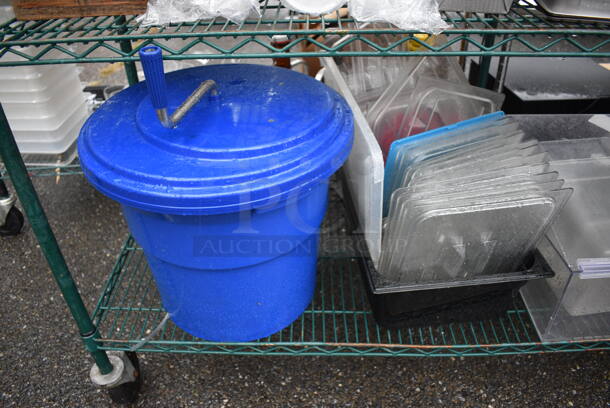 ALL ONE MONEY! Lot of Green Finish 4 Tier Shelving Unit on Commercial Casters w/ All Contents Including Stainless Steel Drop In Bins, White Ceramic Dishes, Blue Poly Lettuce Spinner, Poly Lids. BUYER MUST DISMANTLE. PCI CANNOT DISMANTLE FOR SHIPPING. PLEASE CONSIDER FREIGHT CHARGES. 72x21x69 - Image 7 of 9