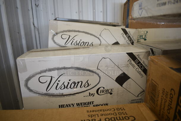 PALLET LOT of 42 BRAND NEW Boxes Including 7 Box 130ROLLKFSBK Visions 17" x 17" White Pre-Rolled Linen-Feel Napkin and Black Heavy Weight Plastic Cutlery Set - 100/Case, 129MCR24B Choice 24 oz. Black Round Microwavable Heavy Weight Container with Lid 7 1/4" - 150/Case, Choice 16 oz Deli Containers, 130SERVSPBK Visions 10" Black Disposable Plastic Serving Spoon - 72/Case, 760SOUP16KFT EcoChoice 16 oz. Kraft Paper Food Cup with Vented Lid - 250/Case, 433CARTRAY1 EcoChoice Pulp Fiber 1 Cup Carrier with Tray - 200/Case, 5002BNAPNAT EcoChoice 2-Ply Natural Kraft Beverage / Cocktail Napkin - 3000/Case, 5002CPTEC Lavex 2-Ply White Center Pull Economy Paper Towel Roll, 500 Sheets / Roll - 6/Case, 20500-3L Genpak 20500-BLK 9 3/16" x 6 1/2" x 2 7/8" Black Large Deep All Purpose Foam Hinged Lid Container - 200/Case, 128HD12COMBO ChoiceHD 12 oz. Microwavable Translucent Plastic Deli Container and Lid Combo Pack - 240/Case, 427BMFAR75SL Umbrella. 42 Times Your Bid! - Image 2 of 12