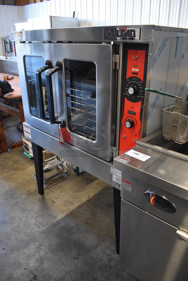 BRAND NEW SCRATCH AND DENT! LATE MODEL! Vulcan Model VC5GD-11D1Z Stainless Steel Commercial Natural Gas Powered Full Size Convection Oven w/ View Through Doors, Metal Oven Racks and Thermostatic Controls on Metal Legs. 40x32x55. Tested and Working! - Image 3 of 8