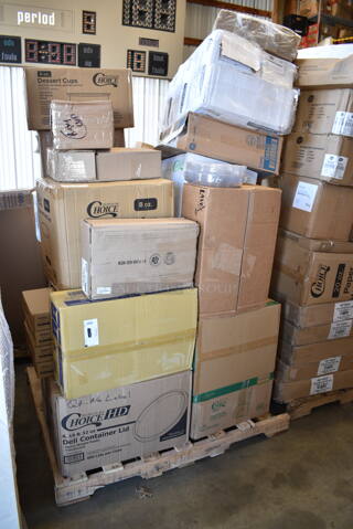 PALLET LOT of 27 BRAND NEW Boxes Including 966UPWIDEKFT-500 OneUp by Choice Kraft 2-Ply Wide Interfold 6 1/2" x 8 1/2" Dispenser Napkin - 6000/Case, 50012W Choice 12 oz. White Poly Paper Hot Cup - 1000/Case, RMB1000CL Royal Paper RMB1000CL 24" Clear Plastic Mesh Produce / Seafood Bag - 1000/Case, 760PIC05 Choice 5 oz. Clear Plastic Dessert Cup - 1000/Case, 130HCUTFWR Visions Individually Wrapped White Heavy Weight Plastic Fork - 1000/Case, D9542 Dixie Large White Travel Lid for 10-20 oz. Cups - 1000/Case, 3 Boxes 346WKFSNSPM Choice White Medium Weight Wrapped Plastic Cutlery Pack with Napkin and Salt / Pepper Packets - 500/Case, 4 Box 304FND304T Acopa Foundations 5 oz. Tan Narrow Rim Melamine Fruit Dish - 12/Case, 128HDLDBULK ChoiceHD Microwavable Translucent Plastic Deli Container Lid - 480/Case, 375SW1430 GET SW-1430-1-CL 3 oz. Customizable SAN Plastic Martini Glass - 24/Case, 5012433M1C Lavex Li'l Herc 12-16 Gallon 1 Mil 24" x 33" Low Density Medium-Duty Clear Can Liner / Trash Bag - 250/Case, 57432Z4045 Merrychef 32Z4045 Teflon® Coated Solid Bottom Basket for eikon e2 Series Ovens, 999RP10CL Choice Crystal 10" Clear Plastic Plate - 20/Pack, 395TO991 EcoChoice 9" x 9" x 3" Compostable Sugarcane / Bagasse 1 Compartment Take-Out Box - 200/Case, 5002CPTE Lavex 2-Ply White Center Pull Paper Towel 510' Roll - 6/Case. 27 Times Your Bid! 