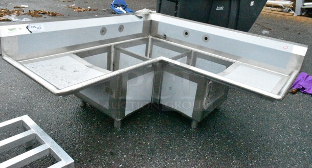 BRAND NEW SCRATCH AND DENT! Regency 600S31620C 57" 16 Gauge Stainless Steel Three Compartment Commercial Corner Sink with 2 Drainboards - 16" x 20" x 14" Bowls. No Legs.  - Image 4 of 10