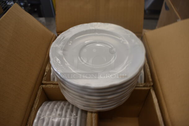 36 BRAND NEW IN BOX! Tuxton CHE-054 White Ceramic Saucers. 5.75x5.75x1. 36 Times Your Bid!