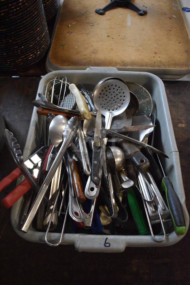ALL ONE MONEY! Lot of Various Utensils Including Tongs and Scoopers in Gray Poly Bus Bin!