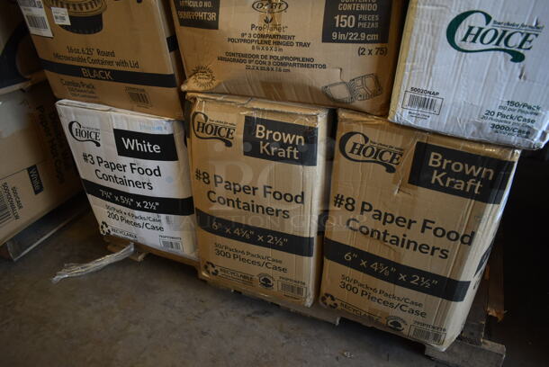 PALLET LOT of 40 BRAND NEW! Boxes Including 2 Box 795PTOKFT8 Choice Kraft Microwavable Folded Paper #8 Take-Out Container 6" x 4 5/8" x 2 1/2" - 300/Case, 795PTOWHT3 Choice 7 3/4" x 5 1/2" x 2 1/2" White Microwavable Folded Paper #3 Take-Out Container - 200/Case, 2 Box 129MCR16B Choice 16 oz. Black 6 1/4" Round Microwavable Heavy Weight Container with Lid - 150/Case, 2 Box 5002DNAP Choice White 2-Ply Dinner Napkin 17" x 15" - 3000/Case, 90MFPPHT3R Dart ProPlanet Hinged Trays, 129MCR32B Choice 32 oz. Black Round Microwavable Heavy Weight Container with Lid 7 1/4" - 150/Case, 105GC47972 Choice 2 Part Green and White Carbonless Guest Check with Beverage Lines and Bottom Guest Receipt - 2000/Case, 2 Box Ghiradrdelli White Chocolate Flavored Sauce, Noble Medium Gloves, 128HD16COMBO ChoiceHD 16 oz. Microwavable Translucent Plastic Deli Container and Lid Combo Pack - 240/Case, T-Shirt Bags, GS18 American Metalcraft GS18 18" Round Wrought Iron Griddle with Matching Stand, Choice 16 oz Deli Container and Lid, 40313CDRSS Choice 13 Qt. Stainless Steel Colander with Base and Handles, Choice Insulated Foil Sandwich Sheets. 40 Times Your Bid! - Image 3 of 11