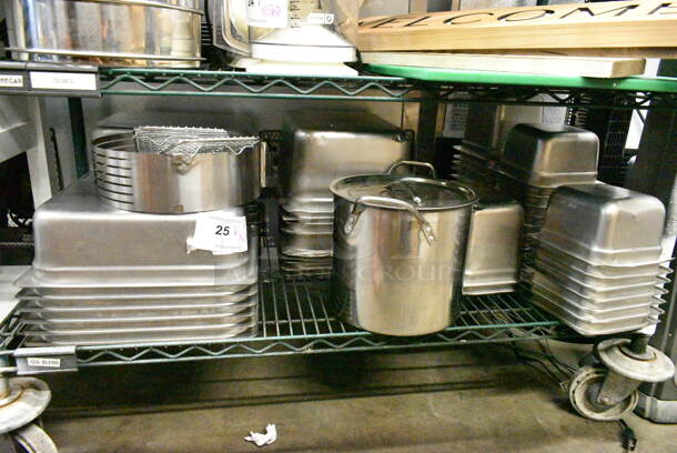 63 Items Including Metal Stock Pot, 20 1/6x4 Size Stainless Steel Drop In Bins, 12 16x6 Stainless Steel Drop In Bins, 9 1/2 Size Stainless Steel Drop In Bins. 63 Times Your Bid!  - Image 1 of 12