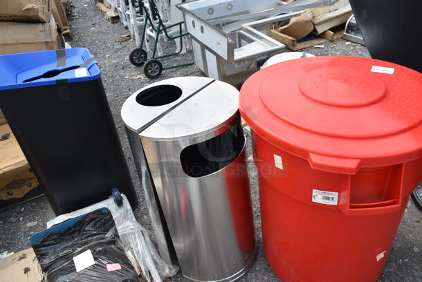3 BRAND NEW SCRATCH AND DENT! Cans; Lavex 475TCRND55RD 55 Gallon Red Round Commercial Trash Can, Black Mixed Recycling and Chrome Finish Trash Can. 3 Times Your Bid! - Image 1 of 8