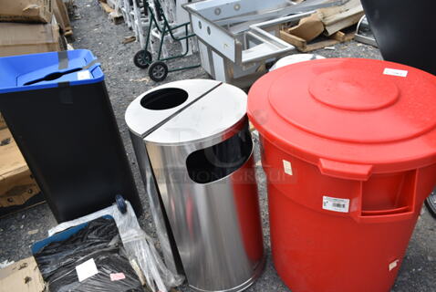 3 BRAND NEW SCRATCH AND DENT! Cans; Lavex 475TCRND55RD 55 Gallon Red Round Commercial Trash Can, Black Mixed Recycling and Chrome Finish Trash Can. 3 Times Your Bid!