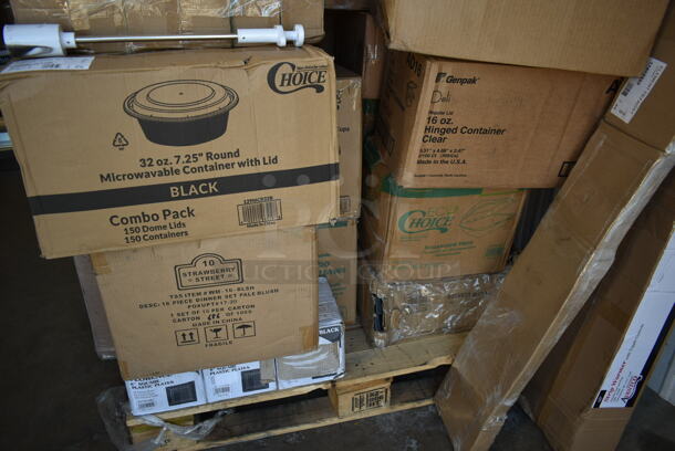 PALLET LOT of 26 BRAND NEW! Boxes Including 129MCR32B Choice 32 oz. Black Round Microwavable Heavy Weight Container with Lid 7 1/4" - 150/Case, WM-16-BLSH 10 Strawberry St - Pale Blush 16 pc dinner set, 3 Box 347SP6BK Visions Florence 6" Square Black Plastic Plate - 120/Case, 395TO961 EcoChoice 9" x 6" x 3" Compostable Sugarcane / Bagasse 1 Compartment Take-Out Container - 200/Case, Genpak Deli 16 oz Hinged Container, 128HD12BULK ChoiceHD 12 oz. Microwavable Translucent Plastic Deli Container - 480/Case, San Jamar KM2100B Tuf-Mat 3' x 5' Black Grease-Resistant Bagged Floor Mat - 1/2" Thick, 129MCS28W Choice 28 oz. White 8 3/4" x 6 1/4" x 1 3/4" Rectangular Microwavable Heavy Weight Container with Lid - 150/Case, 274RK251 Noble Products 25-Compartment Gray Full-Size Glass Rack with 1 Blue Extender, 3 Box 395RP09PF EcoChoice No PFAS Added 9" Natural Bagasse Blend Plate - 500/Case, 2 Box 128HD8COMBO ChoiceHD 8 oz. Microwavable Translucent Plastic Deli Container and Lid Combo Pack - 240/Case, Choice 7 oz. Translucent Thin Wall Plastic Cold Cup - 2500/Case. 26 Times Your Bid! - Image 2 of 9