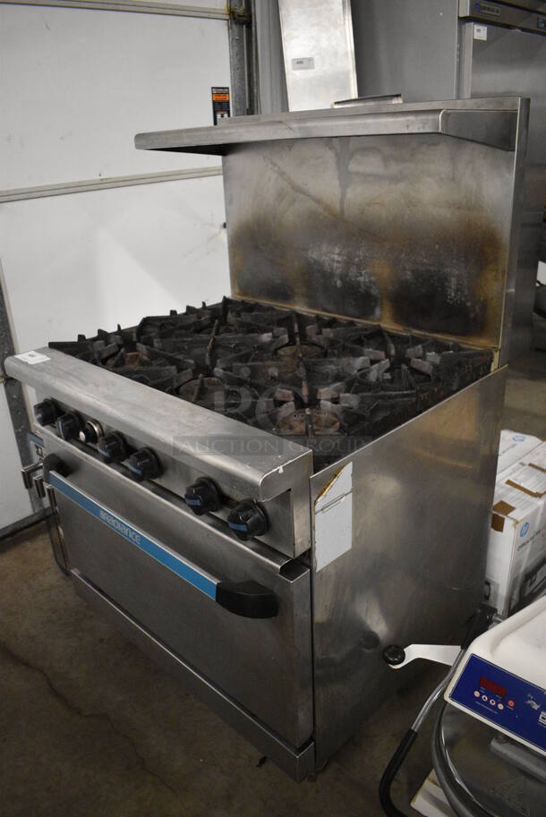 Radiance Stainless Steel Commercial Natural Gas Powered Floor Style 6 Burner Range w/ Oven, Over Shelf and Back Splash on Commercial Casters. 36x32x57 - Image 4 of 7