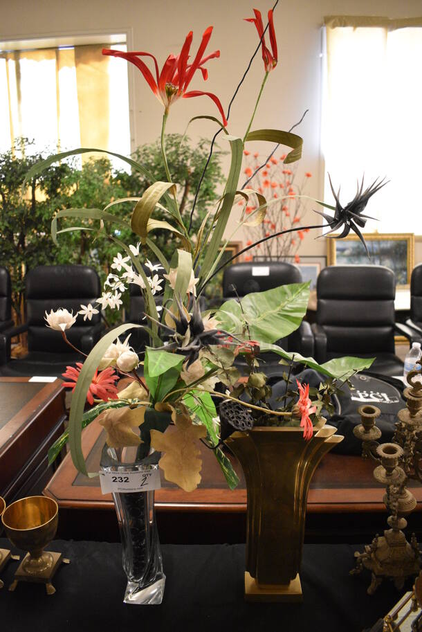 2 Various Vases w/ Fake Floral Arrangements. 2 Times Your Bid!