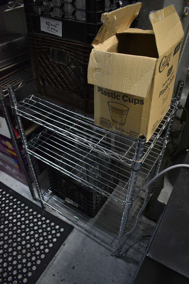 Chrome Finish 3 Tier Shelving Unit w/ Contents Including Beverage Glasses. 24x18x36. BUYER MUST REMOVE. BUYER MUST DISMANTLE. PCI CANNOT DISMANTLE FOR SHIPPING. PLEASE CONSIDER FREIGHT CHARGES. (kitchen) - Image 6 of 6