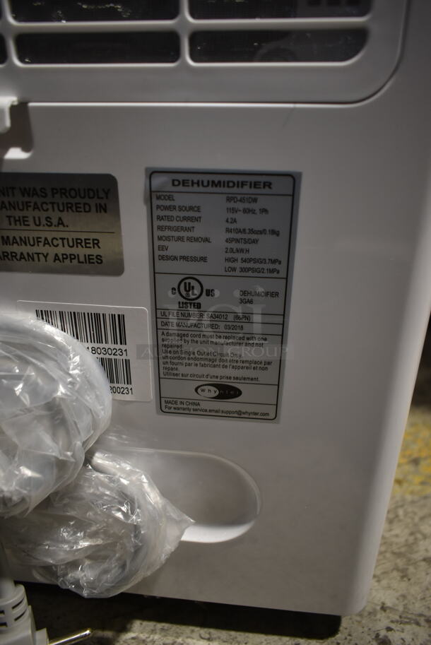 BRAND NEW SCRATCH AND DENT! Whynter RPD-451DW Elite Energy Star 45 Pint Portable Dehumidifier. 115 Volts, 1 Phase. Tested and Working! - Image 4 of 4