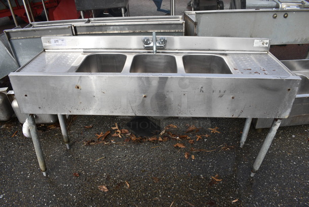 Krowne Stainless Steel Commercial 3 Bay Sink w/ Dual Drainboards, Faucet, Handles and Legs. 60x18x17.5. Bays 10x14x9. Drainboards 12x16x2. Legs 25