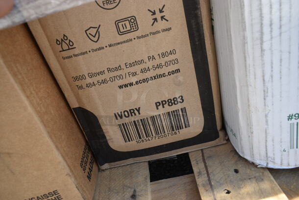 PALLET LOT of 28 BRAND NEW Boxes Including 795NRKFT3 New Roots Kraft PLA-Lined Compostable #3 Take-Out Container 7 3/4" x 5 1/2" x 2 1/2" - 200/Case, 129MCS242CB Choice 30 oz. Black 8 3/4" x 6" x 2 3/4" 2-Compartment Rectangular Microwavable Heavy Weight Container with Lid - 150/Case, 128HD8COMBO ChoiceHD 8 oz. Microwavable Translucent Plastic Deli Container and Lid Combo Pack - 240/Case, 5014046XXH Lavex Pro 45 Gallon 3 Mil 40" x 46" Low Density Heavy-Duty Industrial Contractor Black Trash Bag / Can Liner - 50/Case, 347RPBD10WHG Visions 10" White Plastic Plate with Gold Bands - 120/Case, 2 Box 966TALLFLDB Choice White Tall-Fold 6" x 13" Dispenser Napkin - 8000/Case, 24510PIZZAPAD Choice Single Face Corrugated Pizza Pad - 10" x 10" - 200/Case, 127P2B Choice Black Plastic Souffle Cup / Portion Cup - 2 oz. - 2500/Case, 130BSPOONWP Choice Individually Wrapped Medium Weight Black Plastic Teaspoon - 1000/Case, 4 Box 130BKFORKH Choice Black Heavy Weight Plastic Fork - 1000/Case, Fineline 42RBFL Conserveware PETE Flat Lid for 24/32/40 oz. Round Bowls - 300/Case. 28 Times Your Bid!  - Image 6 of 12