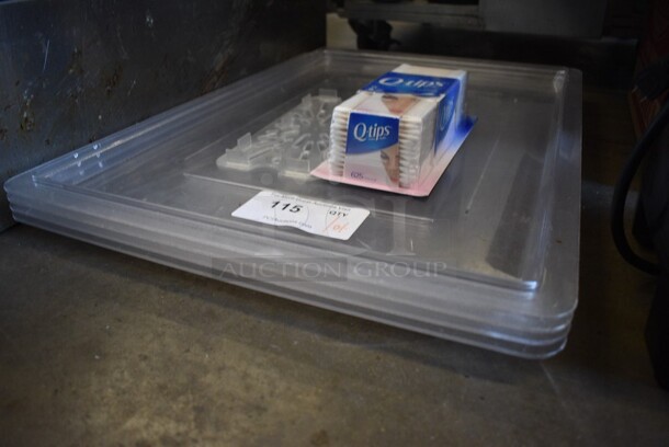 ALL ONE MONEY! Lot of 4 Poly Lids, Poly Strainer Insert and Box of Q-Tips. Includes 18x26x1. - Image 3 of 3