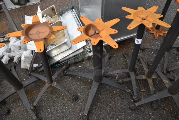 6 Metal Dining Height Table Bases. One Table Has Broken Foot. 25x25x28, 31x31x28. 6 Times Your Bid!