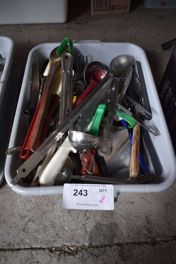 ALL ONE MONEY! Lot of Various Utensils Including Ladles and Tongs in Gray Poly Bus Bin