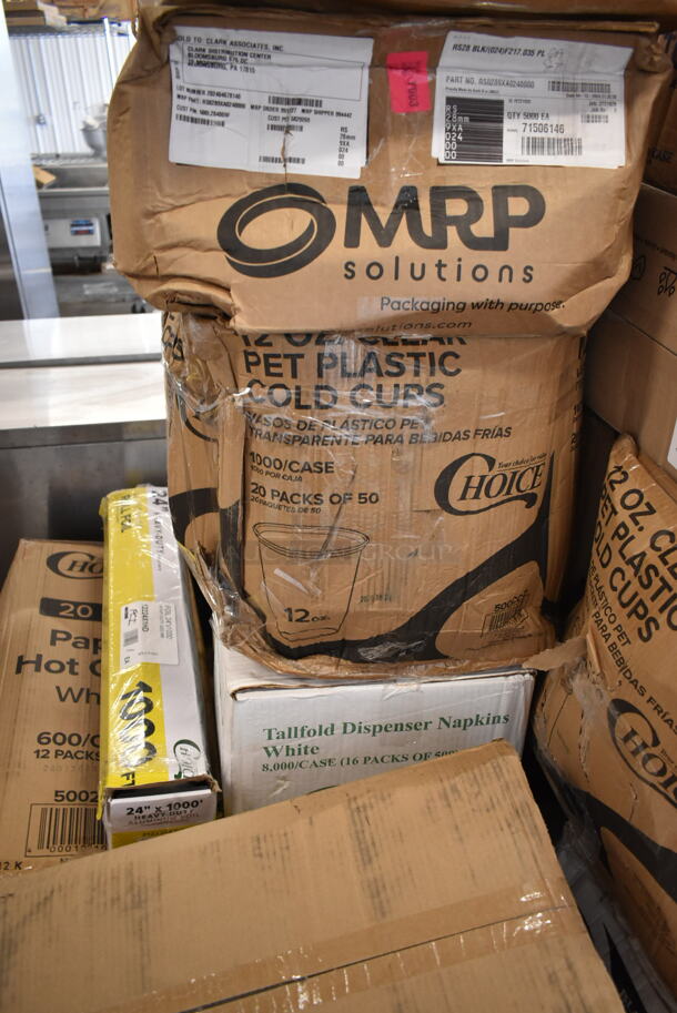 PALLET LOT of 25 BRAND NEW Boxes Including 12224X1HD Choice 24" x 1000' Food Service Heavy-Duty Aluminum Foil Roll, 129MCS38B Choice 38 oz. Black Rectangular Microwavable Heavy Weight Container with Lid 8 3/4" x 6 1/4" x 2" - 150/Case, 3 Box 130HBKCUTFW Visions Individually Wrapped Black Heavy Weight Plastic Fork - 1000/Case, 127P2C Choice Clear Plastic Souffle Cup / Portion Cup - 2 oz. - 2500/Case, 4070029 Choice Full Size 2 1/2" Deep 24 Gauge Anti-Jam Stainless Steel Steam Table / Hotel Pan, 500MFTN Lavex Natural Brown Kraft M-Fold (Multifold) Towel - 4000/Case, 394365L Noble Products Powder-Free Disposable Clear Vinyl Gloves for Foodservice - Large - 1000/Case. 25 Times Your Bid! - Image 7 of 10