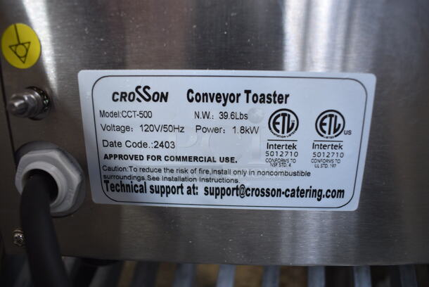 2024 Crosson CCT-500 Stainless Steel Commercial Countertop Electric Powered Conveyor Toaster Oven. 120 Volts, 1 Phase. Tested and Working! - Image 5 of 5