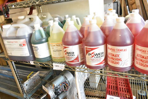 TIER LOT of BRAND NEW SCRATCH AND DENT! Jugs Including 999AUTODET1G Advantage Automatic Warewashing Detergent, Noble 999LOTEMPSAN1G Low Temp Sanitizer, Manitowoc Ice Machine Descaler, ConvoClean forte Cleaner,  Noble 147RESOLUTN Resolution Liquid Machine Detergent