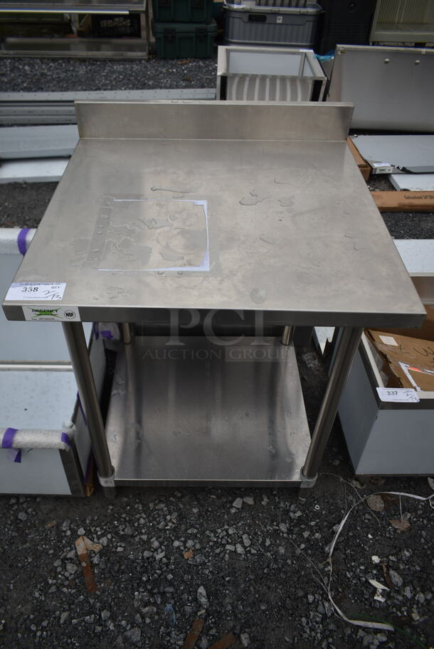 BRAND NEW SCRATCH AND DENT! Regency 600TSB3030S 30" x 30" 16-Gauge Stainless Steel Commercial Work Table with 4" Backsplash and Undershelf - Image 2 of 5