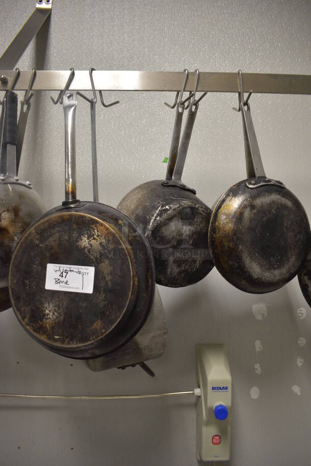 Stainless Steel Commercial Wall Mount Pot Rack w/ Various Sauce Pans and Skillets. 60x12x16. BUYER MUST REMOVE. (kitchen) - Image 4 of 6