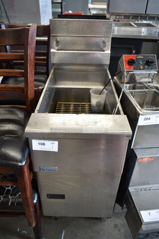 2015 Pitco Frialator SG14 Stainless Steel Commercial Floor Style Natural Gas Powered Deep Fat Fryer on Commercial Casters. 110,000 BTU. 