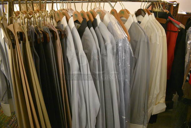 Clothing Rack Lot of Various Men's Dress Shirts, Pants, and Vest. Clothing Racks Not Included!