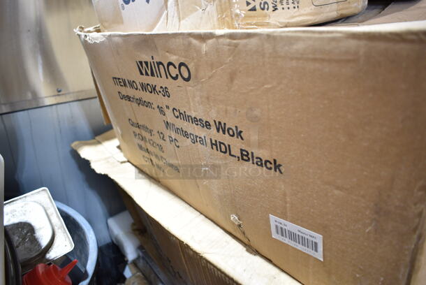 PALLET LOT of 27 BRAND NEW! Items/Boxes Including 2 Box Winco TBH-18 18" Table Number Holders, KC-01-4P Cleaver Sets, Winco WOK-36 16" Chinese Wok, Winco Stacking Booster Seat, F-KS-6016, ALRK-EW, Winco PRC-2 Round Storage Container, Winco Chafers, Metal Steam Pot Insert. 27 Times Your Bid!  - Image 6 of 12