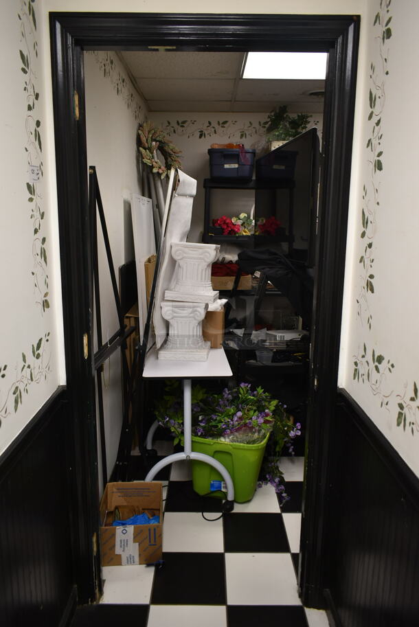 ALL ONE MONEY! ROOM LOT of Various items Including Shelving, Decorations, Bins and Decorative Columns. BUYER MUST REMOVE. (ballroom hallway) - Image 1 of 11