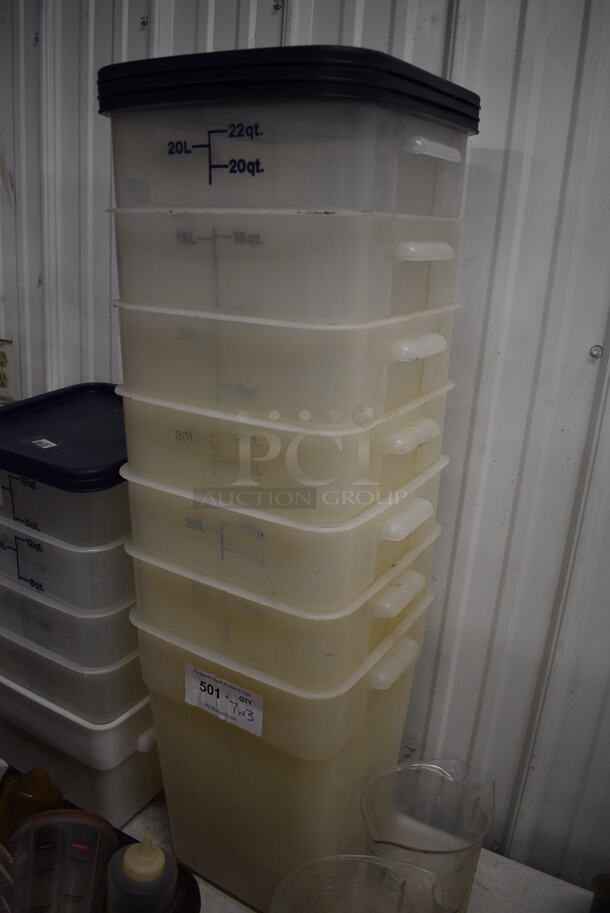 ALL ONE MONEY! Lot of 7 White Poly 22 Quart Containers w/ 3 Blue Lids! 12x11.5x15.5 - Image 2 of 3