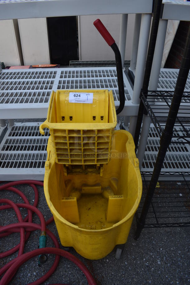 Yellow Poly Mop Bucket w/ Wringing Attachment on Commercial Casters. 15x20x37