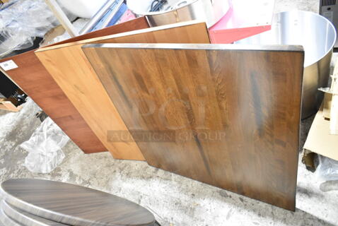 3 BRAND NEW SCRATCH AND DENT! Wood Pattern Tabletops; 3493636ANTWA Lancaster Table & Seating Square Industrial Solid Wood Live Edge Table Top with Antique Walnut Finish, 3493636ANTNT Lancaster Table & Seating Square Industrial Solid Wood Live Edge Table Top with Antique Natural Finish, 3493636ANTMA Lancaster Table & Seating Square Industrial Solid Wood Live Edge Table Top with Mahogany Finish. 3 Times Your Bid!
