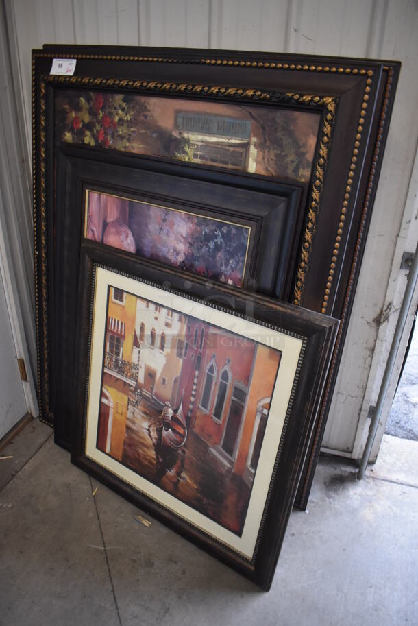 6 Various Framed Pictures. Includes 44.5x1.5x57. 6 Times Your Bid!