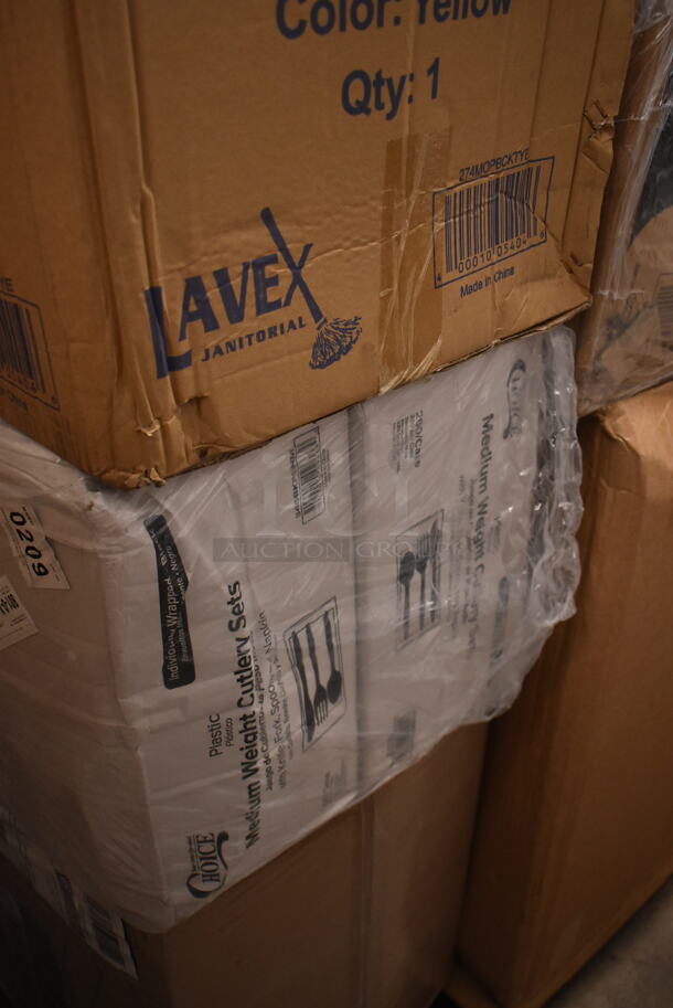 PALLET LOT of 28 BRAND NEW Boxes Including 394360M Noble Products Powdered Disposable Vinyl Gloves for Foodservice - 1000/Case, 4 Box 5004DNAPFLTN Choice Touchstone Natural Linen-Feel Flat-Packed Dinner Napkin 16" x 16" - 500/Case, 612FHL1230 Choice Foil Steam Table Pan Lid - Half Size - 100/Case, 500CC16HD 16 oz. Plastic Cold Cup - 1000/Case, 2 Box 626TS Solo 626TS Clear Flat Lid with Straw Slot - 1000/Case, 2 Box 795PTOKFT3 Choice Kraft Microwavable Folded Paper #8 Take-Out Container 6" x 4 5/8" x 2 1/2" - 300/Case, 2 Box 500TW12 Choice 12 oz. Translucent Thin Wall Plastic Cold Cup - 1000/Case, 274MOPBCKTYE Lavex Yellow Mop Bucket, 433L32C Choice Quart Size Natural Kraft Paper Bag - 500/Case, 130SVFRK480B Visions Silver 7" Heavy Weight Plastic Fork with Black Handle - 480/Case, C25UT1 Dart C25UT1 StayLock® 6 1/8" x 6 1/2" x 3 1/4" Clear Hinged Plastic 6" Square Container - 500/Case, LOOP-GREEN-EO Green Shopping Bags, Choice Medium Weight Black Wrapped Plastic Cutlery Set with Napkin - 250/Case. 28 Times Your Bid! - Image 10 of 12