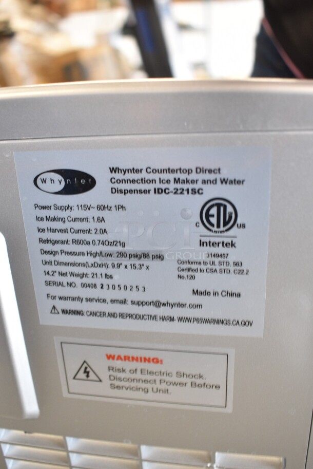 BRAND NEW SCRATCH AND DENT! Whynter IDC-221SC Countertop Direct Connection 26lb per day Ice Maker and Water Dispenser – Silver. 115 Volts, 1 Phase. Tested and Working! - Image 7 of 7