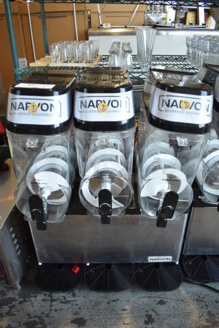 BRAND NEW! Narvon Stainless Steel Commercial Countertop 3 Hopper Slushie Machine. 23x21x34. Cannot Test - Needs New Power Cord