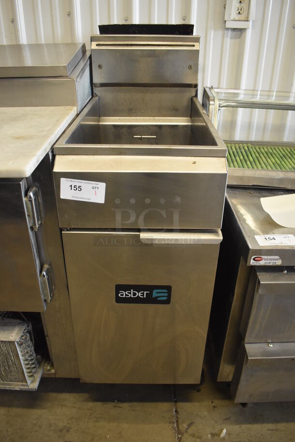 Asber Stainless Steel Commercial Floor Style Natural Gas Powered Deep Fat Fryer on Commercial Casters.