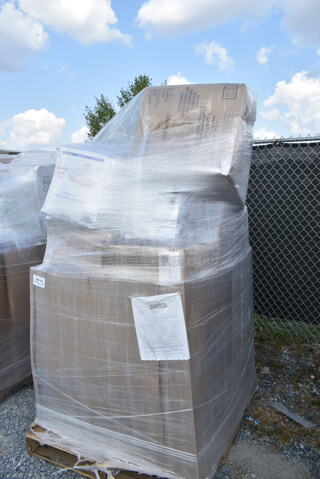 PALLET LOT of 25 BRAND NEW Boxes Including 347RP9WHSS Visions Wave 9" White Plastic Plate - 180/Case, 485WB7NEON Choice 7 1/2" Neon Pointed Wrapped Straw - 4500/Case, Choice 4 oz Portion Cups, Jr Low Fold Dispenser Napkins. 25 Times Your Bid! 