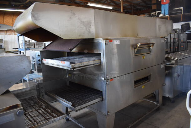 2 XLT 3270 Stainless Steel Commercial Natural Gas Powered Conveyor Pizza Oven on Commercial Casters. Comes w/ Hood / Vent. 180,000 BTU. 113x53x63, 99x37x22. 2 Times Your Bid! Picture of the Unit Before Removal Is Included In the Listing. - Image 2 of 12