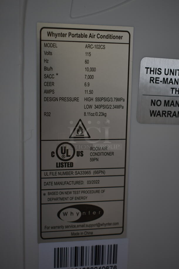 BRAND NEW SCRATCH AND DENT! Whynter ARC-102CS Compact Size 10,000 BTU Portable Air Conditioner, Dehumidifier, and Fan. 115 Volts, 1 Phase. Tested and Working! - Image 3 of 6