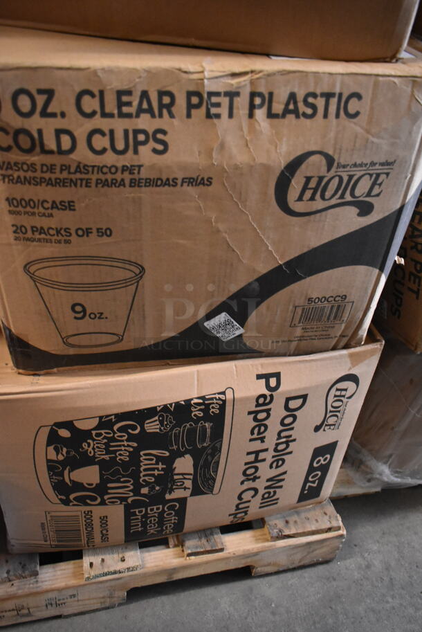 PALLET LOT of 20 BRAND NEW Boxes Including 500TW9 Choice 9 oz. Translucent Thin Wall Plastic Cold Cup - 2500/Case, Tellus Products 9" x 9" No PFAS Added Natural Bagasse Clamshell Container - 200/Case, 394345M Noble Medium Gloves, 394365M Noble Products Powder-Free Disposable Clear Vinyl Gloves for Foodservice - Medium - 1000/Case, 500CC12 Choice Clear PET Customizable Plastic Cold Cup - 12 oz. - 1000/Case, 500CC9 Choice 9 oz. Clear PET Customizable Plastic Squat Cold Cup - 1000/Case, 5008DWALLC Choice 8 oz. Tall Coffee Break Print Smooth Double Wall Paper Hot Cup - 500/Case, 129MCR32B Choice 32 oz. Black Round Microwavable Heavy Weight Container with Lid 7 1/4" - 150/Case, 2 Box 346WSNSM Choice Medium Weight White Wrapped Plastic Spork, Straw, and Napkin Kit - 1000/Case, 74555-0150 Pizza Trays, Choice 32 oz. Clear RPET Hinged Deli Container - 200/Case, 433W8BGC Choice 8 lb. White Paper Bag - 500/Case. 20 Times Your Bid! - Image 8 of 12