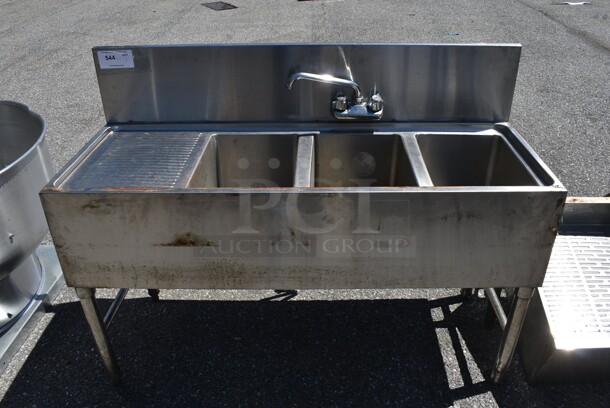 Stainless Steel Commercial 3 Bay Sink w/ Left Side Drainboard, Back Splash, Faucet and Handles. 48x18.5x35.5. Bays 10x14x9. Drainboards 12x16x1