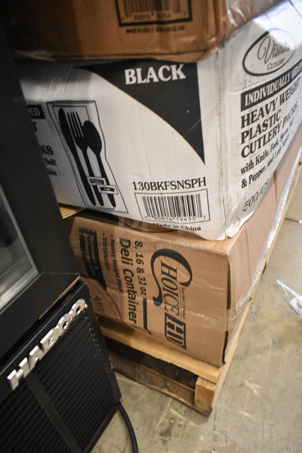 PALLET LOT of 20 BRAND NEW Boxes Including Tuxton BPM-135L 13.5 oz. Porcelain White Newport China Mug - 36/Case, Tuxton ALF-0303 Alaska 3 oz. Stackable Bright White China Espresso Cup - 36/Case, 127P150C Choice 1.5 oz. Clear Plastic Souffle Cup / Portion Cup - 2500/Case, 5002CPTENAT Lavex 2-Ply Natural Kraft Center Pull Paper Towel 510' Roll - 6/Case, 130BKFSNSPH Visions Wrapped Black Heavy Weight Cutlery Pack with Knife, Fork, Spoon, Napkin S&P  - 500/case, 2 Box 130HBKCUTFW Visions Individually Wrapped Black Heavy Weight Plastic Fork - 1000/Case, 760SOUP6WB Choice 6 oz. White Double Poly-Coated Paper Food Cup - 1000/Case, 795PTOKFTW3 Choice 8 1/2" x 6" x 2 1/2" Kraft Folded Paper #3 Take-Out Container with Window - 160/Case. 20 Times Your Bid! - Image 6 of 10