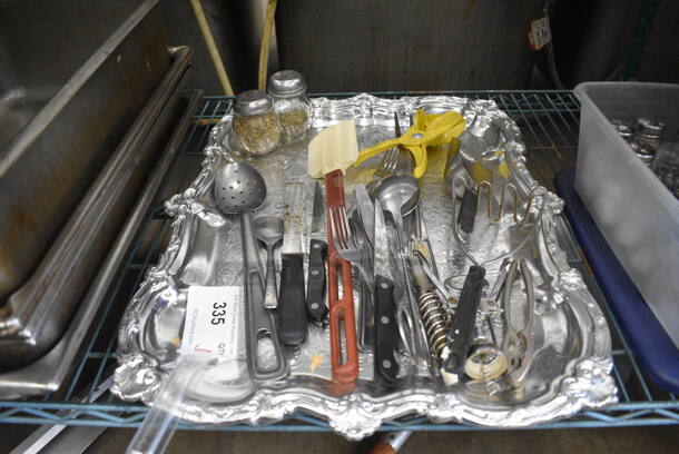 ALL ONE MONEY! Lot of Various Utensils Including Masher, Serving Spoon and Forks on Metal Tray! 