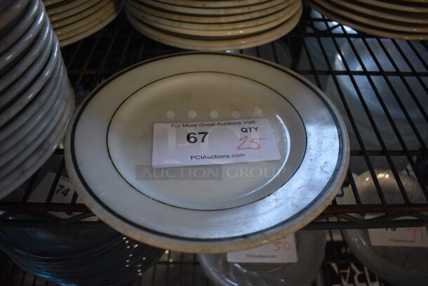 25 White Ceramic Plates w/ Green Lines on Rim. 9x9x1. 25 Times Your Bid! - Image 2 of 3
