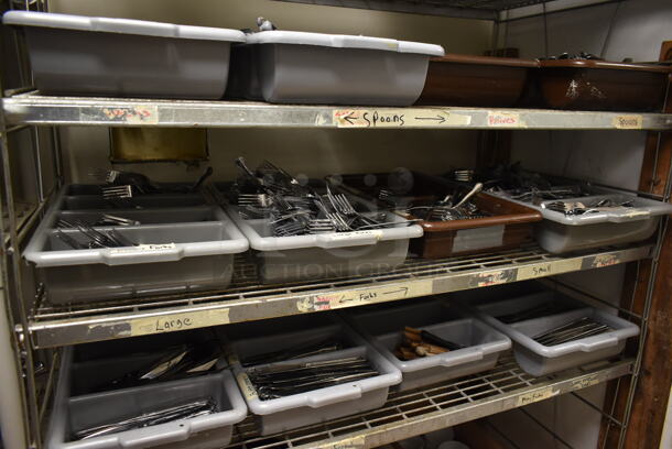 Metal Wire 6 Tier Shelving Unit w/ Contents Including Bins of Silverware. BUYER MUST REMOVE: BUYER MUST DISMANTLE. PCI CANNOT DISMANTLE FOR SHIPPING. PLEASE CONSIDER FREIGHT CHARGES. (dish room) - Image 5 of 7