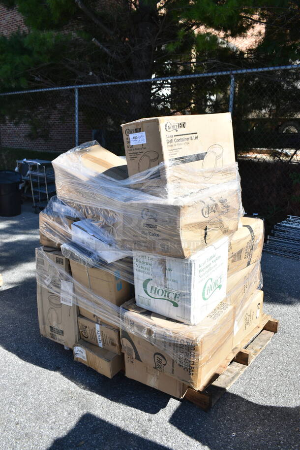 PALLET LOT of 26 BRAND NEW Boxes Including 128HD16COMBO ChoiceHD 16 oz. Microwavable Translucent Plastic Deli Container and Lid Combo Pack - 240/Case, 433LSLCPIE Choice 5" Clear Hinged Slice Container with Low Dome Lid, 966TALLFLDN Choice Kraft Natural Tall-Fold 6" x 13" Dispenser Napkin - 8000/Case, 500CC20 Choice Clear PET Plastic Cold Cup, 129MCS12W Choice 12 oz. White 6" x 4 3/4" x 1 3/4" Rectangular Microwavable Heavy Weight Container with Lid - 150/Case, 130IC10PCL Choice 10 lb. Clear Plastic Ice Bag with Ice Print - 1000/Case, 124HCDS1410 American Metalcraft HCDS1410 14" x 10" Hard Coat Anodized Aluminum Detroit-Style Pizza Pan, 347RPBD6WHGD White Plastic Plate with Gold Bands, 500CC20 Choice Clear PET Customizable Plastic Cold Cup - 20 oz. - 600/Case, 130HBKCUTKW Visions Individually Wrapped Black Heavy Weight Plastic Knife - 1000/Case, 129MCR50B Choice 43 oz. Black Round Microwavable Heavy Weight Container with Lid 9" - 150/Case, 433NHT101H Choice 1/6 Standard Size White "Thank You" Medium-Duty Plastic T-Shirt Bag - 1000/Case, 129MCS12W Choice 12 oz. White 6" x 4 3/4" x 1 3/4" Rectangular Microwavable Heavy Weight Container with Lid - 150/Case, 433LSLCPIE Choice 5" Clear Hinged Slice Container with Low Dome Lid. 26 Times Your Bid!  - Image 2 of 12